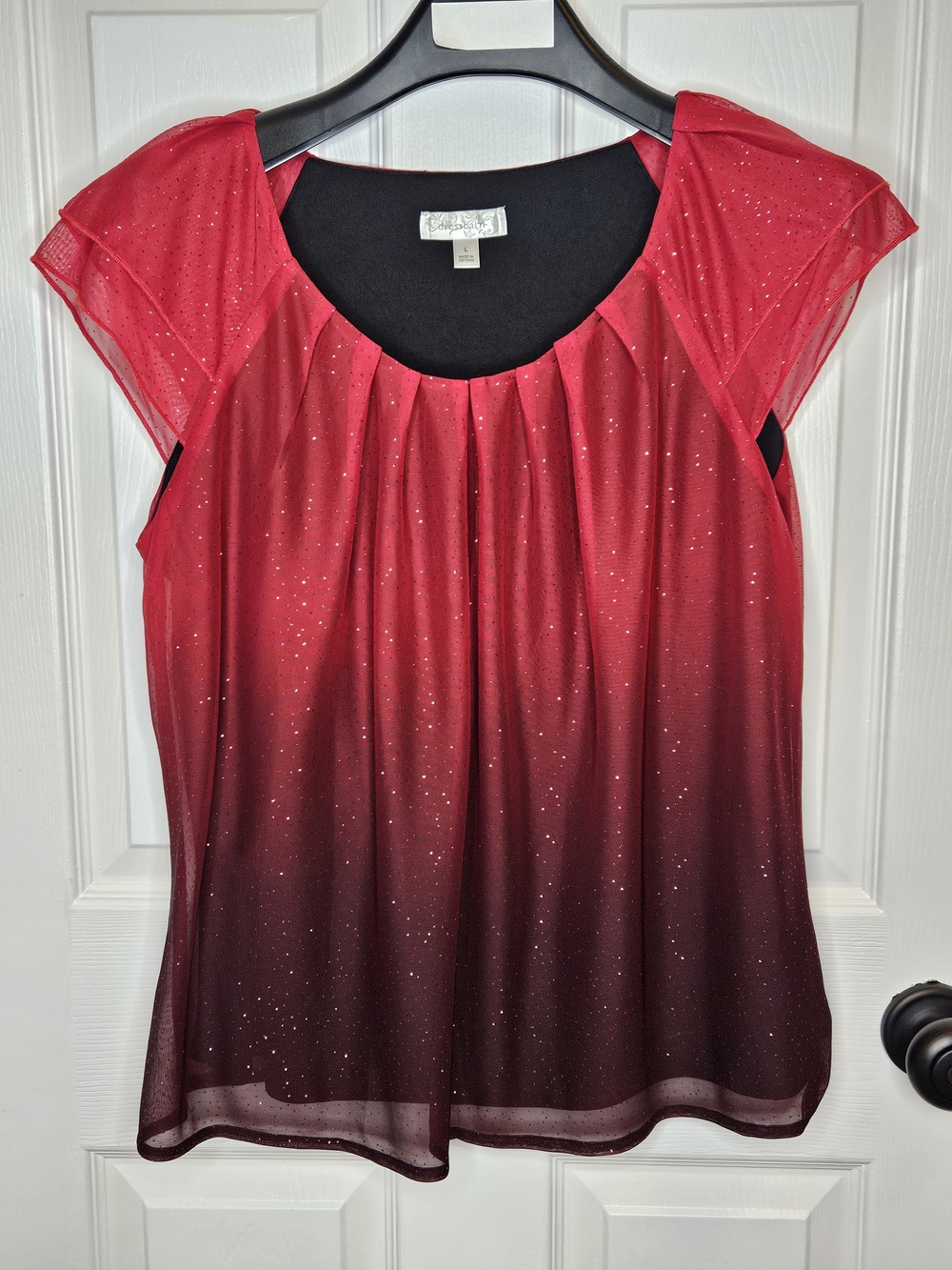 NWOT Dress Barn Women's Red Ombre Glitter Blouse Cap-Sleeve Size L Sequin Top